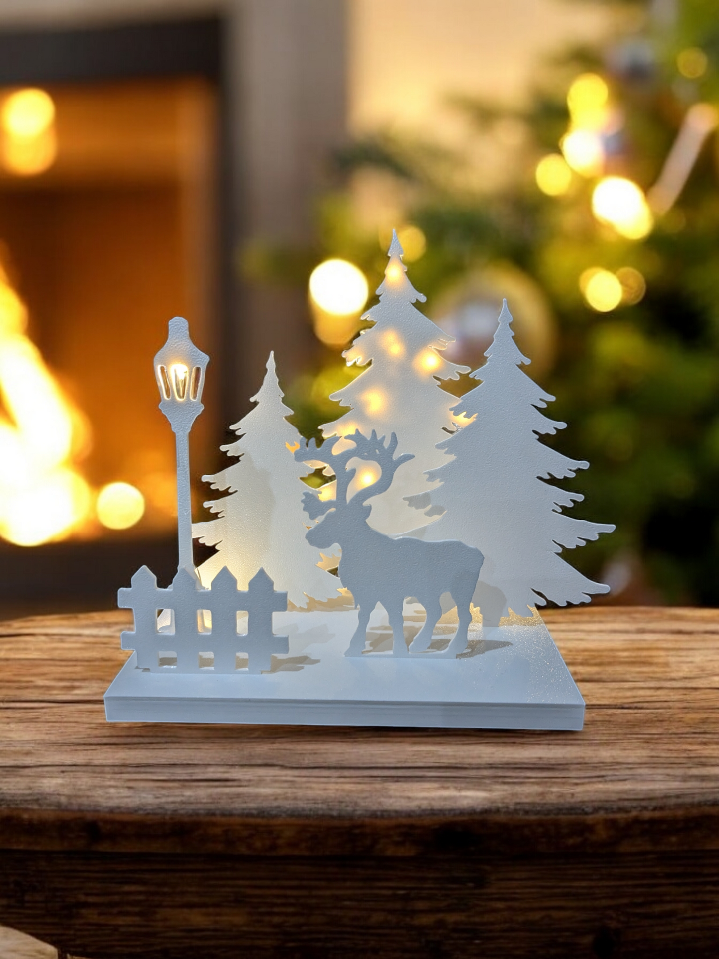 Christmas scene decoration reindeer lamp post and trees